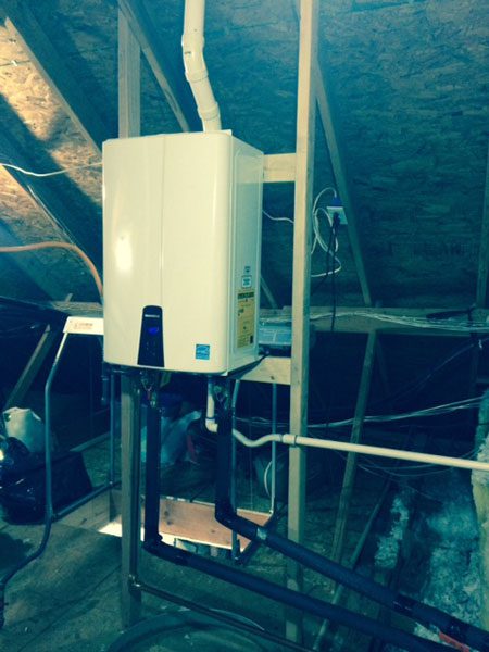 tankeless hot water heater in an attic