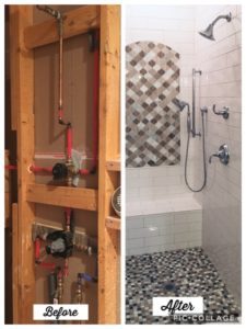 before and after image of a shower remodel