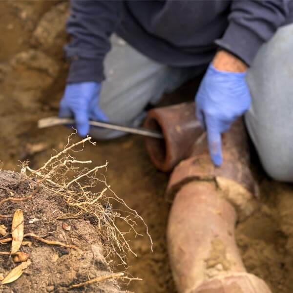 Close up of a plumber sticking a metal tool into an old sewage drain